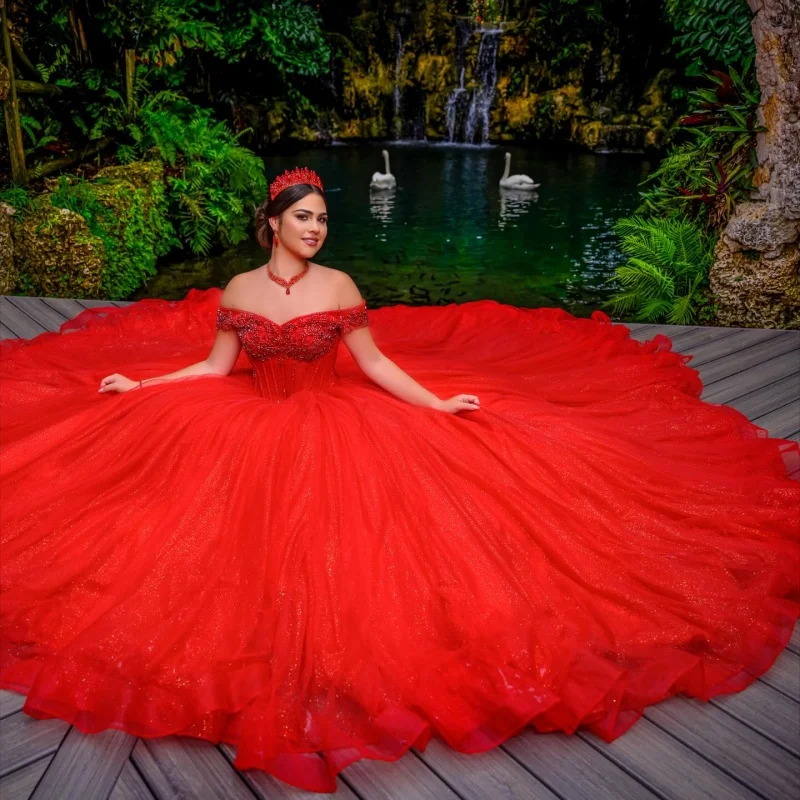 

Shiny Red Quinceanera Dress off-shoulder crystal Lace glitter decal Long tail vestidos de 15 Quinceanera ﻿Customize