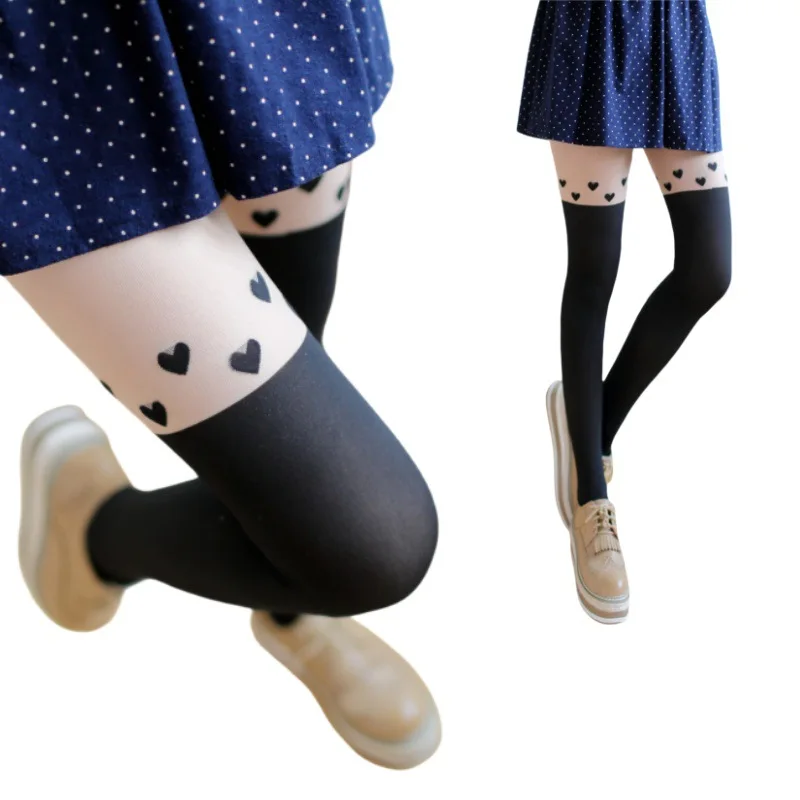 Women's Nude to Black Gradient Pantyhose Heart Pattern Color Block  Mock Thigh High Socks Look  Silky Soft