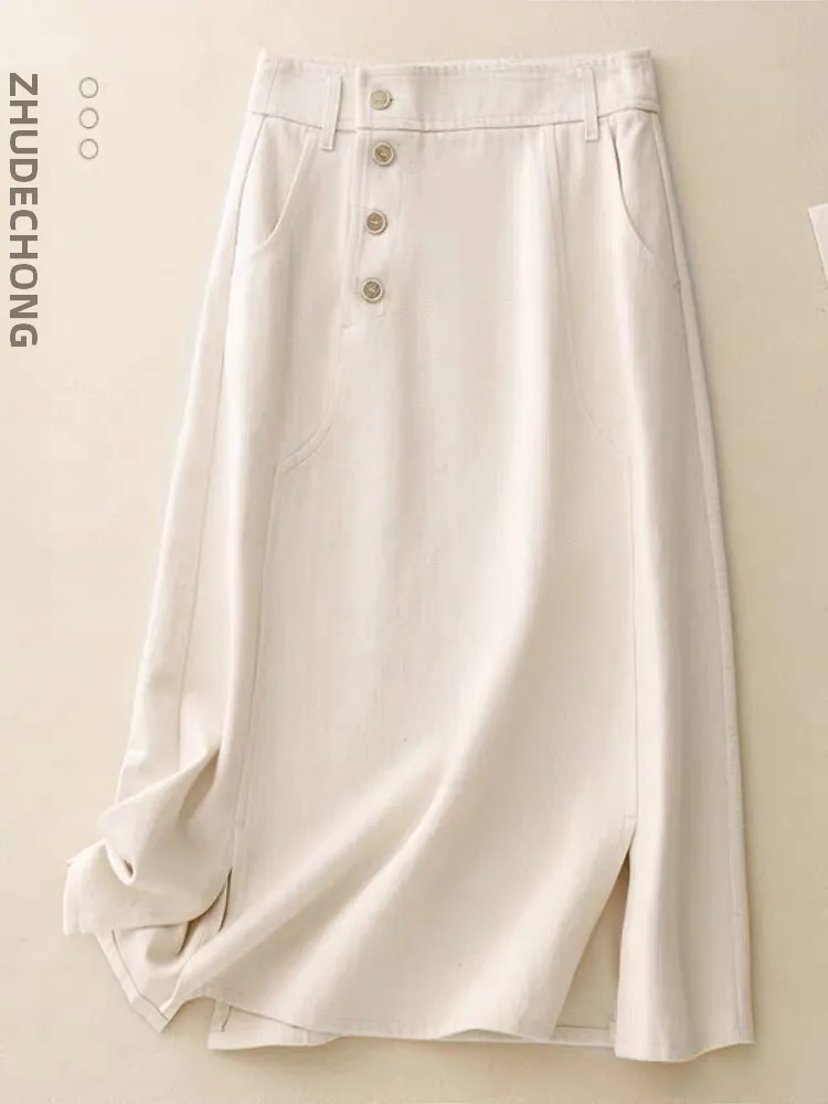 High Waist Single Button Asymmetrical Commuter Skirt Women's Spring Autumn Mid-Length A-Line Skirt Casual Cotton Blend
