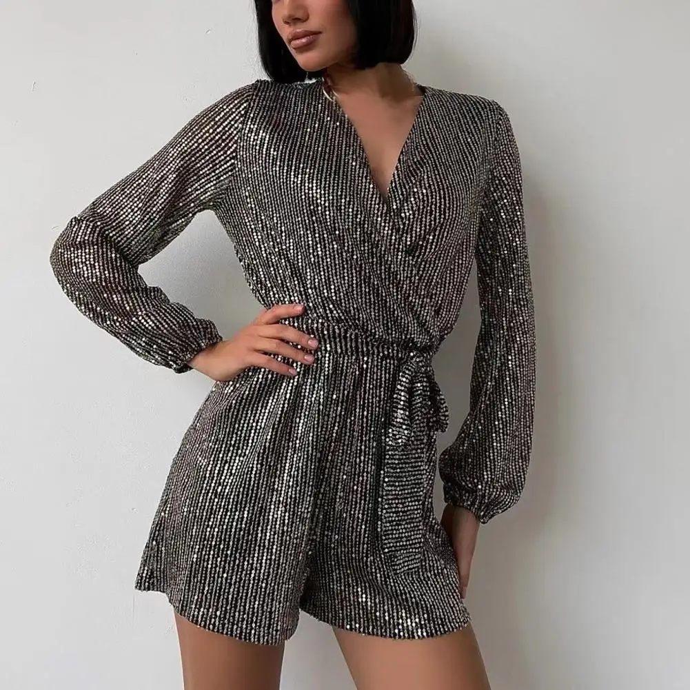 

Casual High-waisted Romper Women Sexy Romper Sequin Belted Women's Romper with Deep V Neck Lantern Sleeves for Club Party Tight