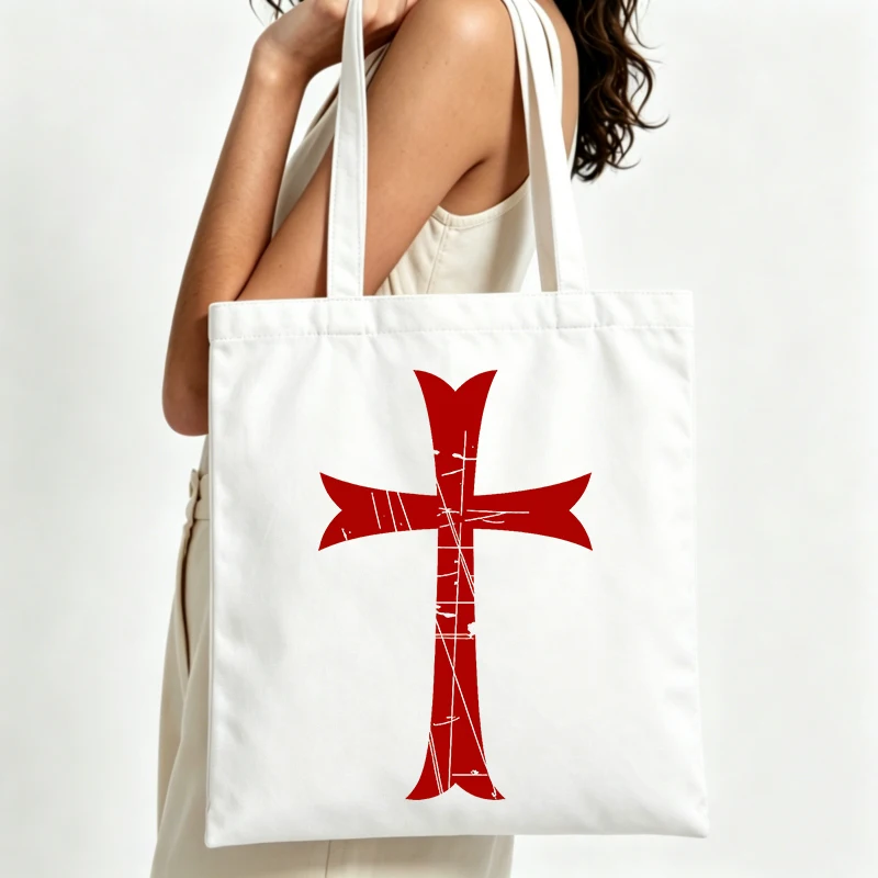 red cross print canvas tote bag, casual style for daily shopping and summer outings