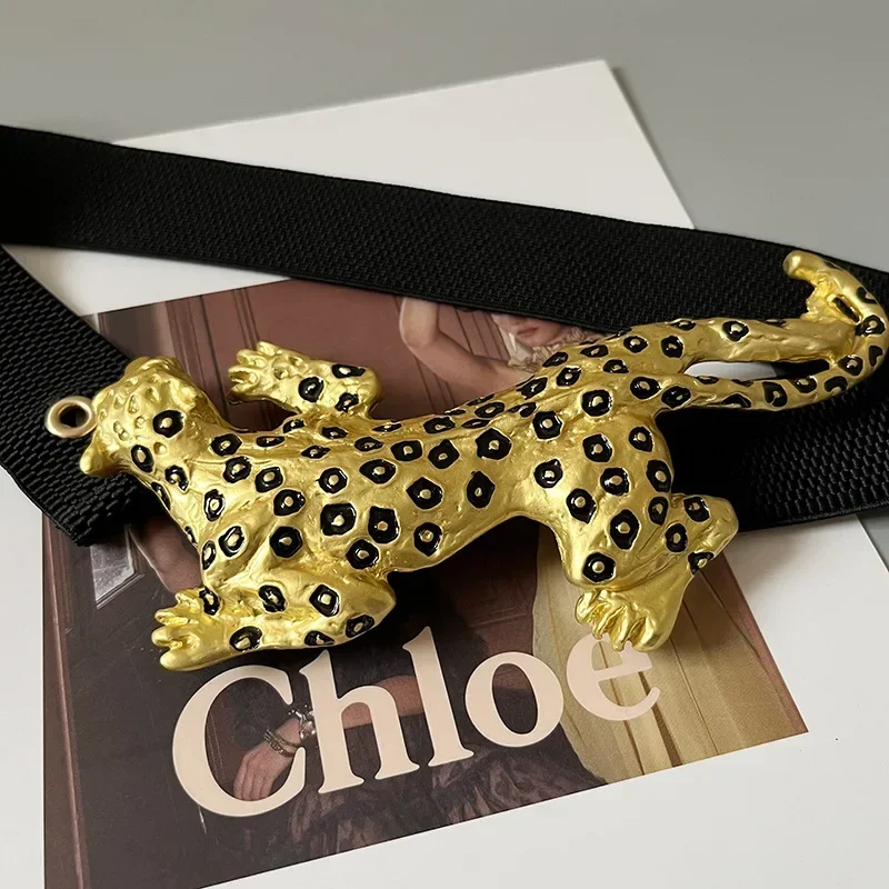 Women's Fashion Retro Court Style Genuine Leather Spotted Leopard Print Wide Belt Ladies Dress Versatile Elastic Waistband