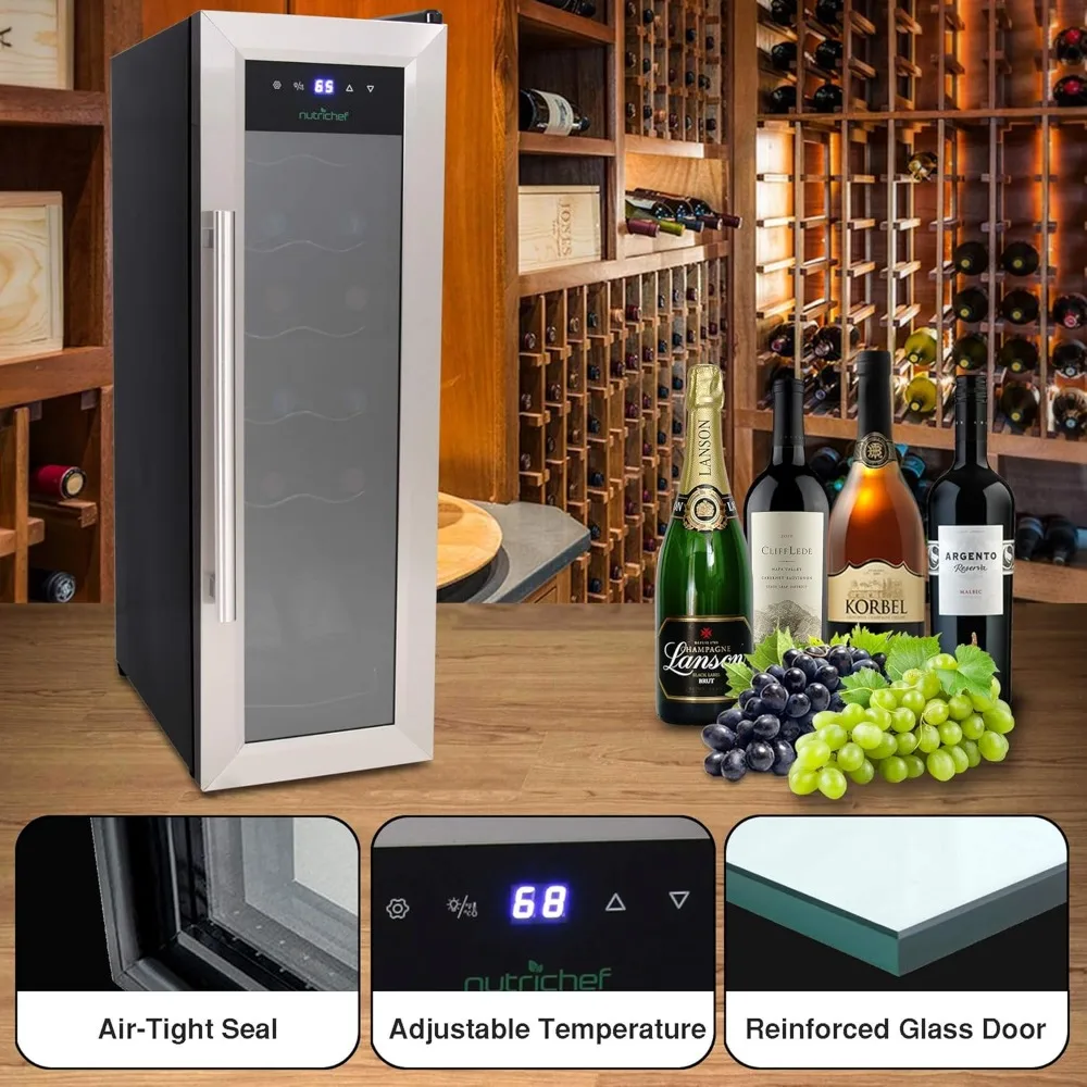 Refrigerador de encimera blanco y rojo, Mini nevera compacta independiente para vino con Control Digital, 12 botellas