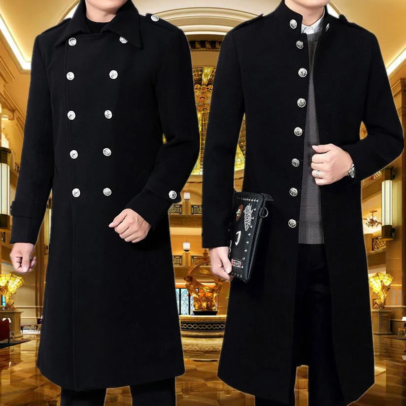 

Long Men's Woolen Coat Stand Collar Korean Sle Hotel Securi Work orm over Knee Length Busin Casual Faion