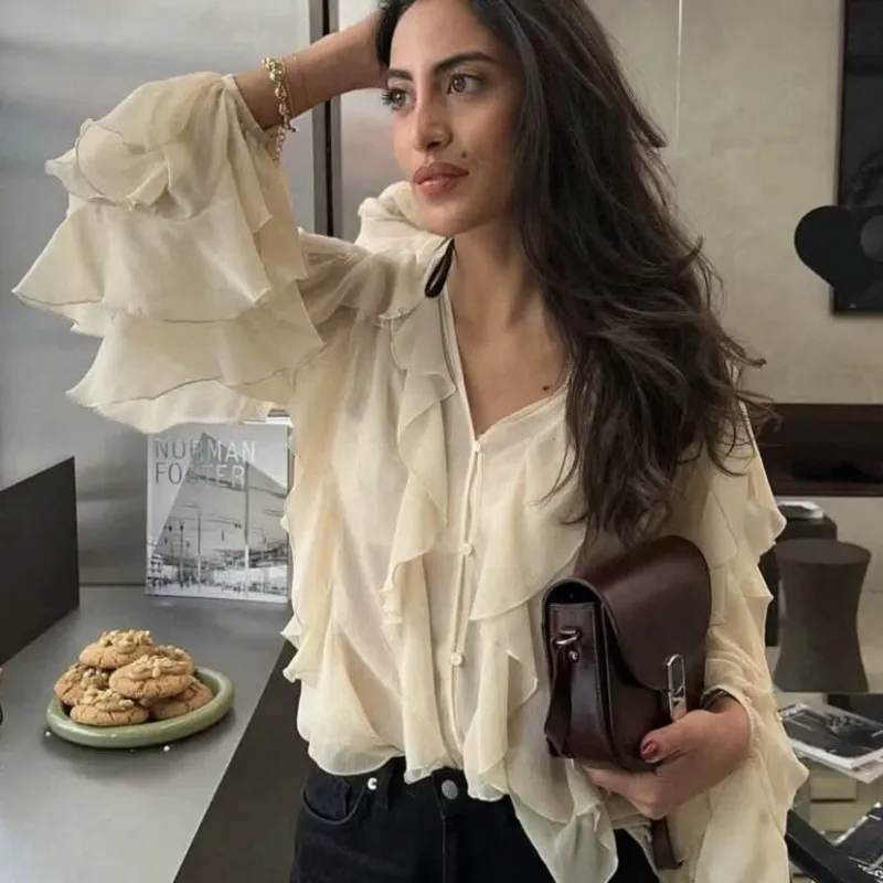 

2025 Women's Korean New Style V-Neck Blouse with Ruffled Trim Design Sense Long Sleeve Top Coats Casual Office Daily Street Wear