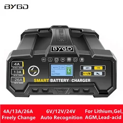 BYGD-Smart Car Battery Charger, 6V 12V 24V, LCD inteligente, 26A, Reparação de pulso, Trickle Charger for Chumbo-ácido, Bateria de lítio