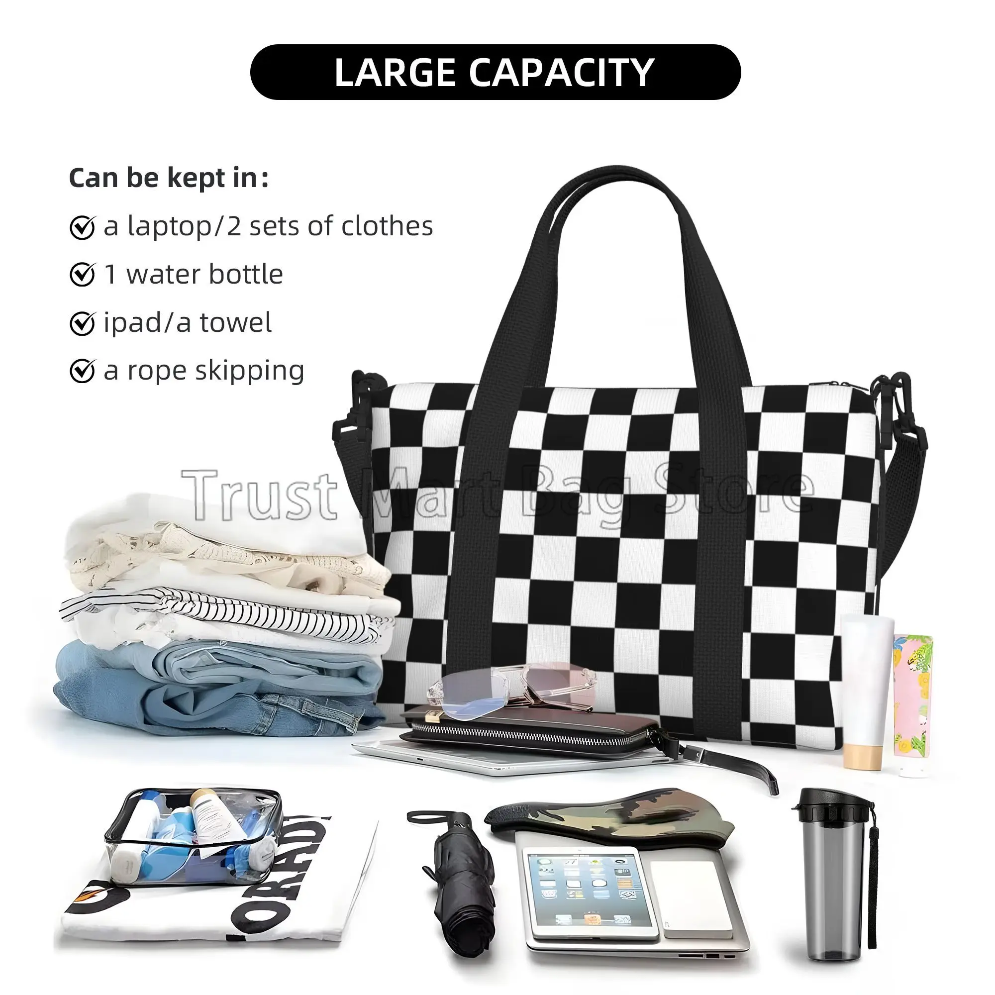 Black White Racing Checkered Print Travel Tote Bag Multipurpose Waterproof Weekender Bags Sports Gym Yoga Casual Luggage Bag