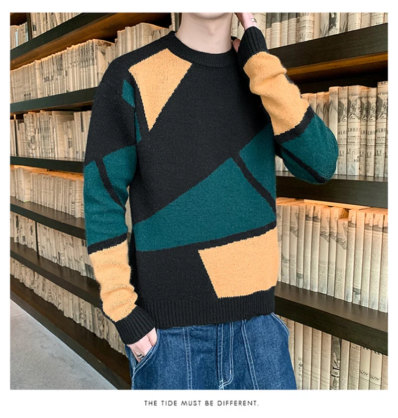 Autumn Spring New Patchwork Patterned Men\'s Pullovers Round Collar Knitted Slim Fit Korean Style Outerwear Sweater Jumper