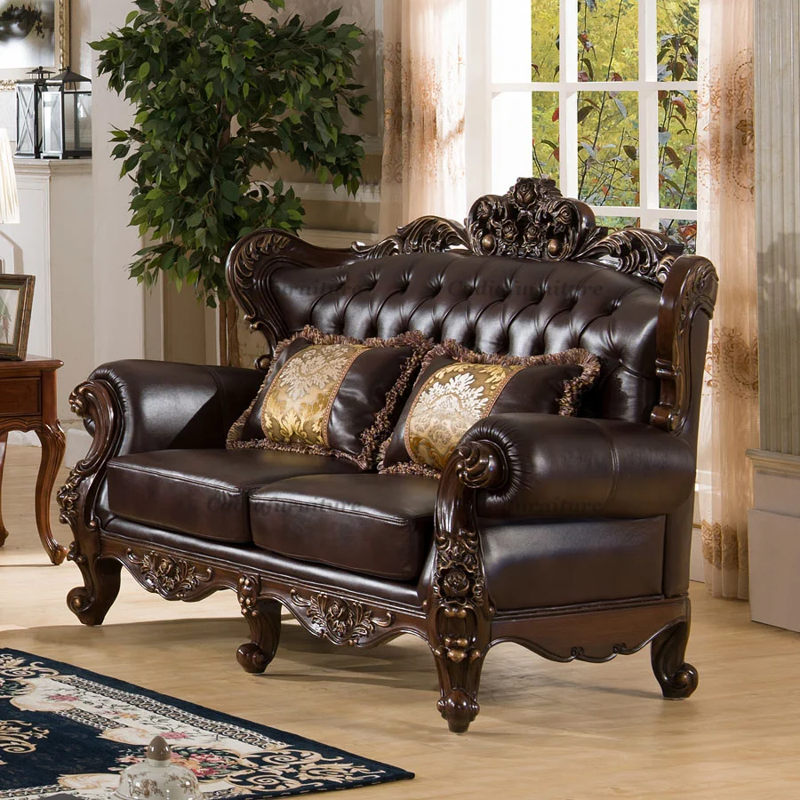 European Traditional Design Living Room Sofa Set Genuine Leather Cover Wooden Structure Sofa Set