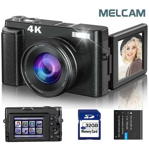 사진 및 비디오용 4K 디지털 카메라, 자동 초점 손떨림 방지, 48MP 브이로그 카메라, SD 카드, 3 인치 180 ° 플립 스크린 