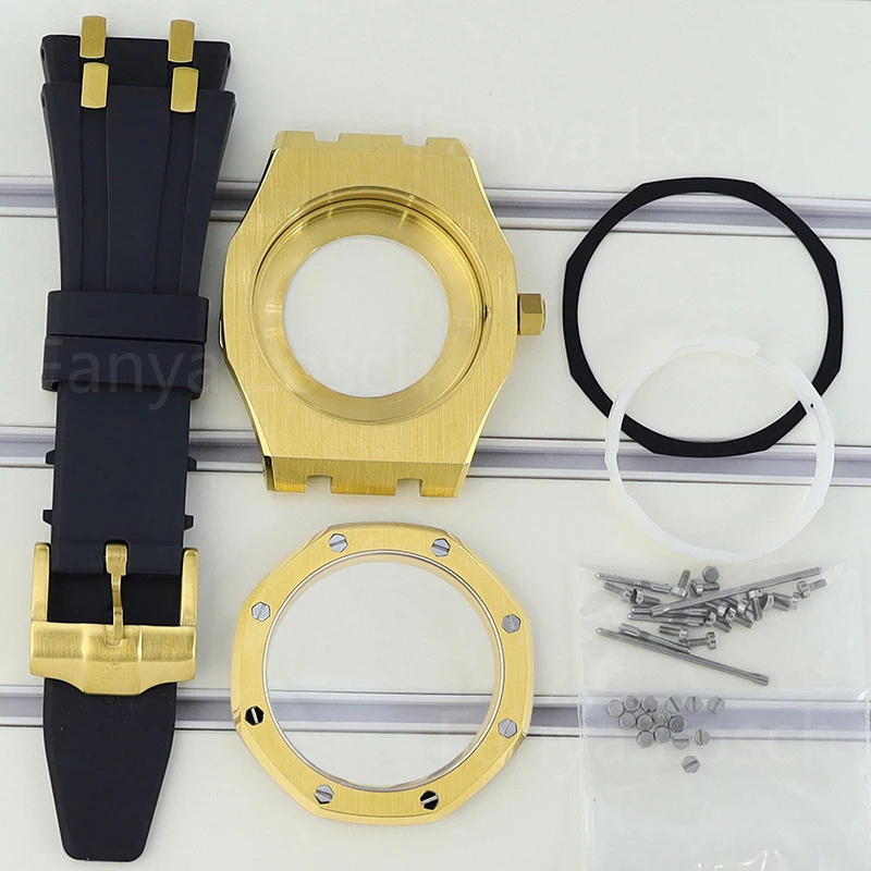 41mm Gold Octagonal Watch Case Sapphire Glass For Oak Seiko NH34 NH35 NH36 NH38 Automatic Movement 31.8mm Dial Silicone Bracelet