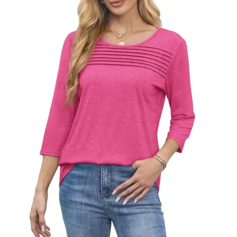 حجم كبير 1XL-5XL جديد المرأة عادية تي شيرت قمة الموضة الصلبة الملابس النسائية س الرقبة طويلة الأكمام البلوز بلايز بلايز #4