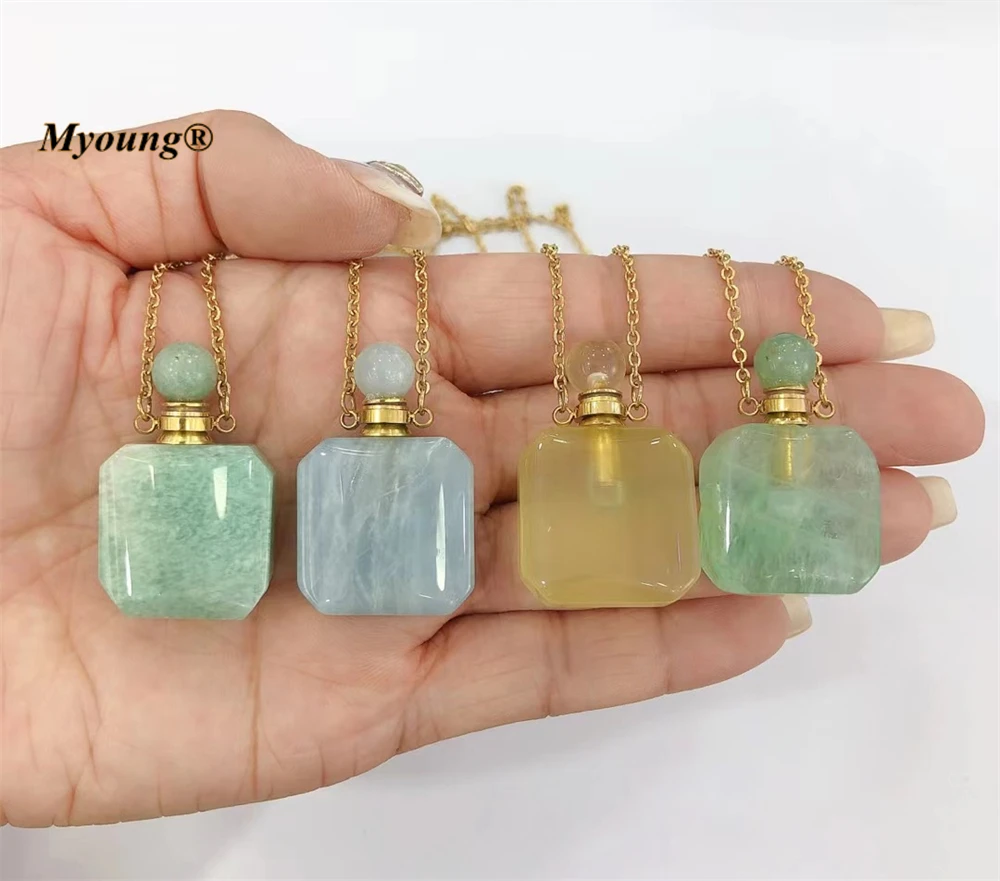 Square Shape Cute Natural Crystal Quartz Gems Stone Perfume Bottle Pendant Necklace Elegant Women Essential Oil Vial Jewelry