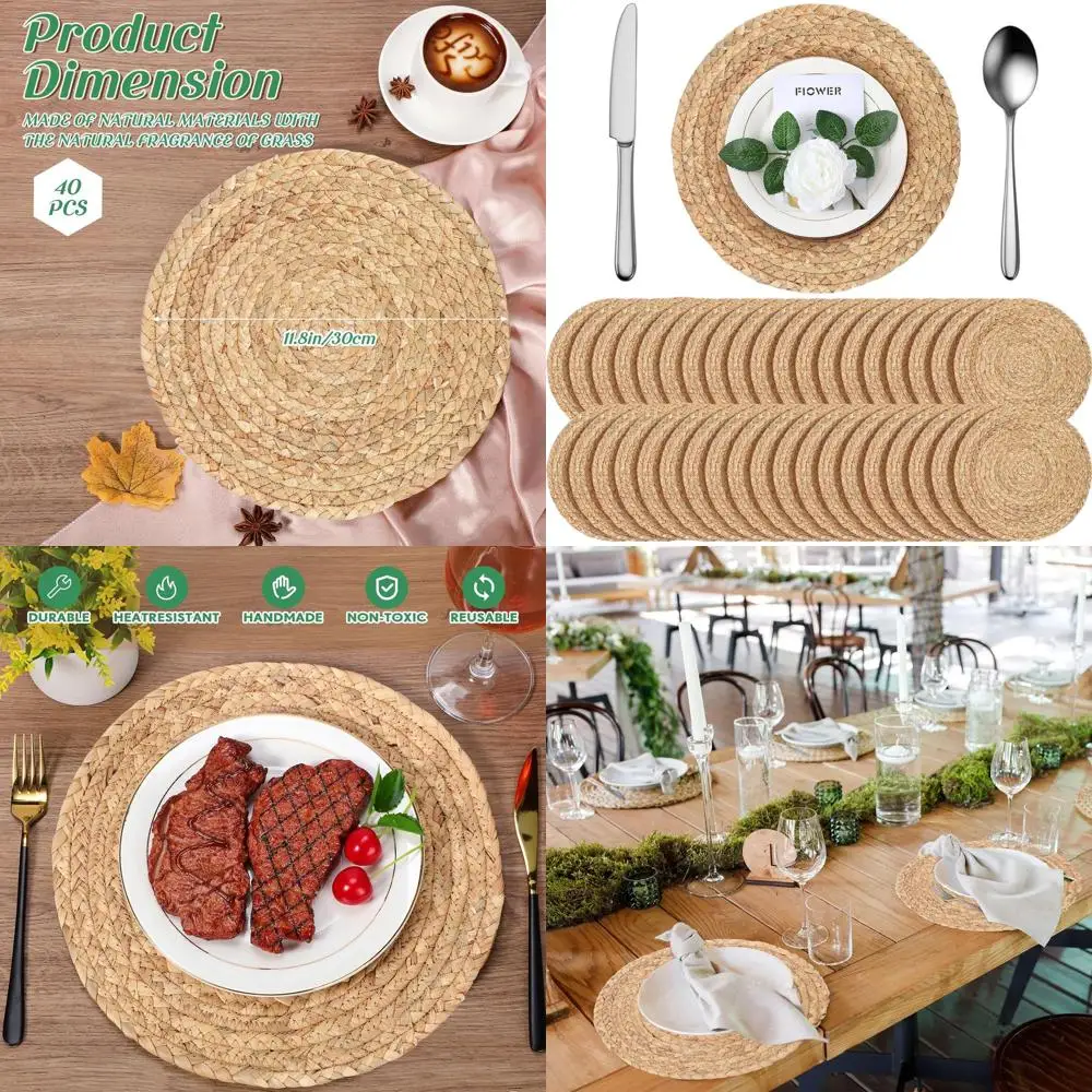 

Set of 40 11.8 Natural Woven Rattan Placemats for Rustic or Wedding Table Settings