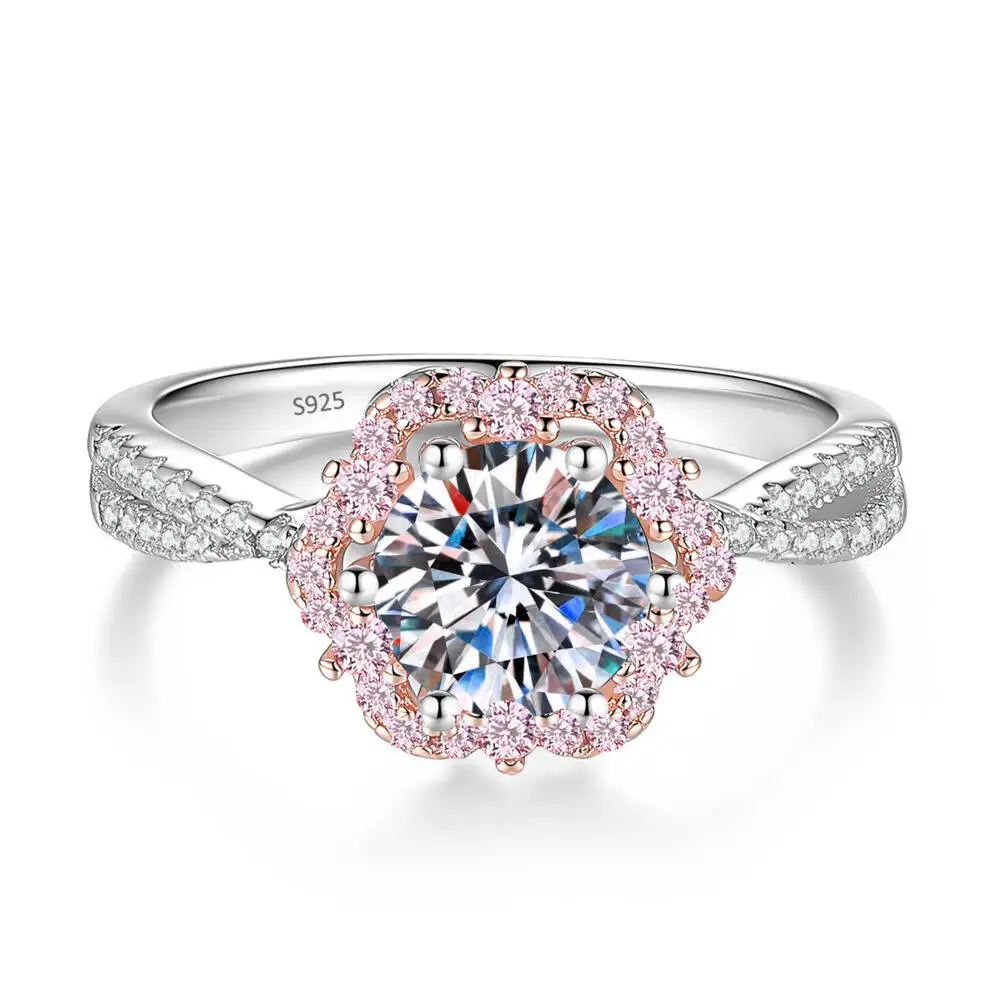 925 Sterling Silber Blumen-Doppelhalo-Twistband-Ring Mehrfarbiger D VVS1 Moissanit Verlobungs-Hochzeits-Party-Geschenk Feiner Schmuck – Detail 1
