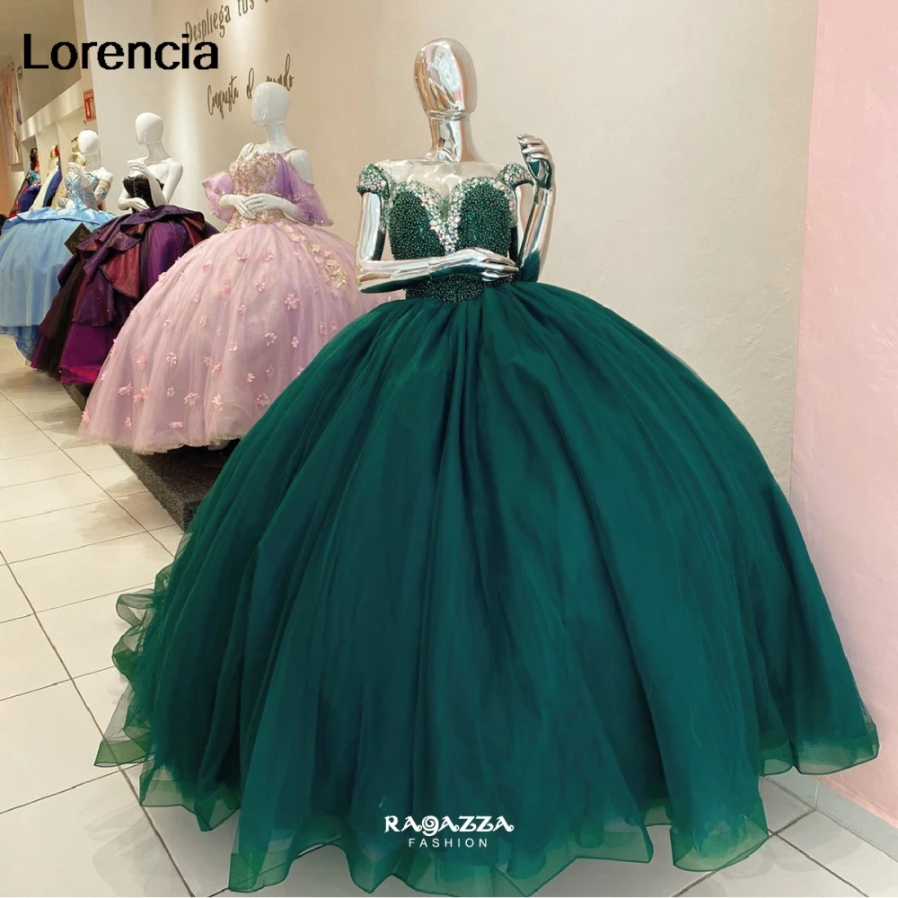 Lorencia Sparkly Emerald Green Quinceanera Dress Ball Gown Crystal Beaded Shiny Mexico Corset Sweet 16 Vestidos De 15 Años YD05