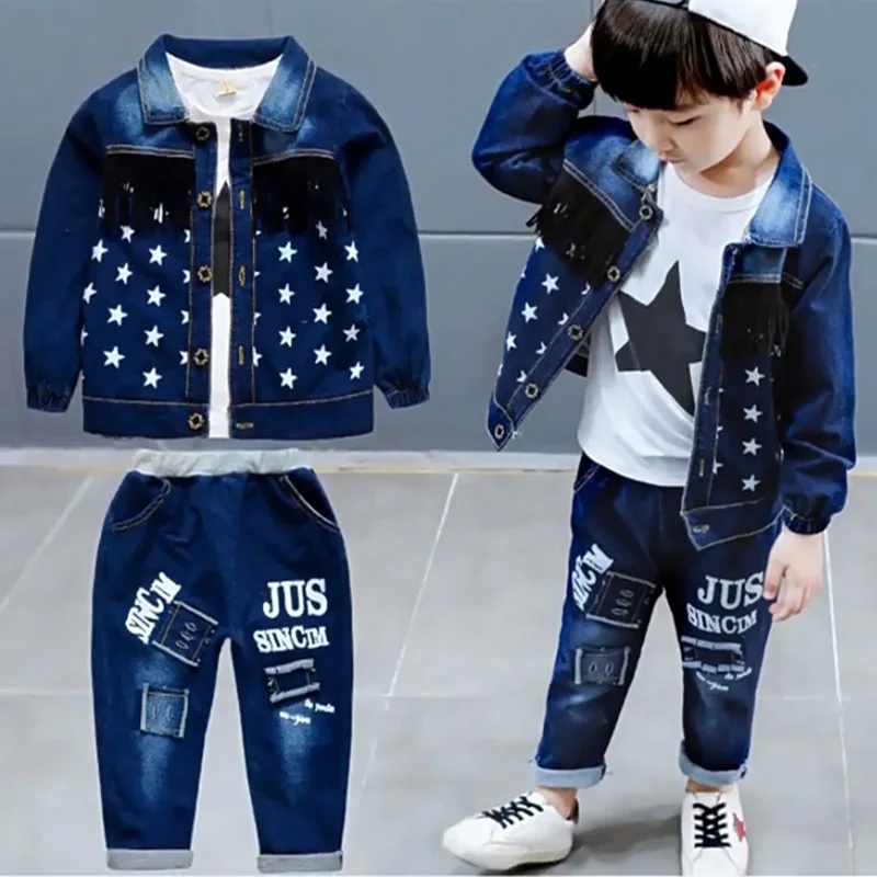 1-5Y Baby Boys Clothes Set Autumn Winter Cartoon Star Vest Coat Pants 3Pc for Kids Cowboy Fashion Outfits Toddler Boys Warm Suit