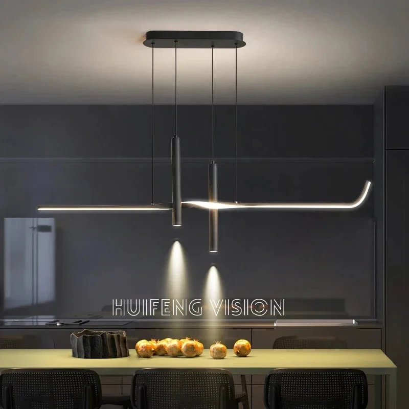 

Contemporary Linear LED Pendant Lighting with Adjustable Spotlights for Dining Room and Kitchen Island Modern Chandelier