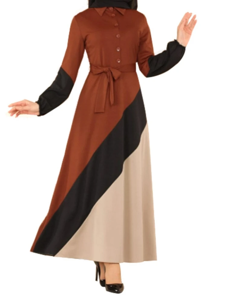

Fashionable Slim Fit Long Sleeve Color Block Collar Dress Elegant A-Line Evening Gown for Women High Waist Long Dress