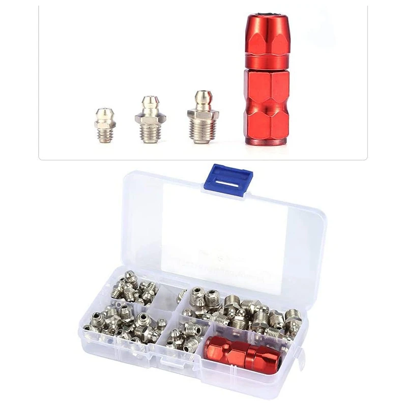 61Pcs/Set Grease Fitting Pack M6/M8/M10 Metal Nipple Mechanical Lubrication Part Grease Nipple Fitting Assortment Kits