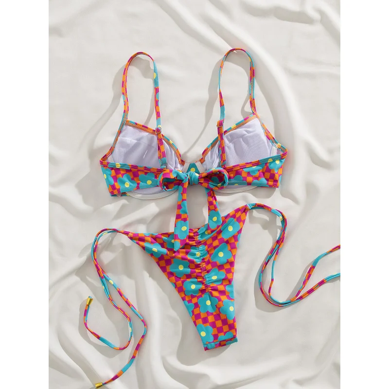 Nouveau sac souple imprimé à armatures, sangle fine réglable, décor en métal, ensemble de Bikini de fête élégant à lacets