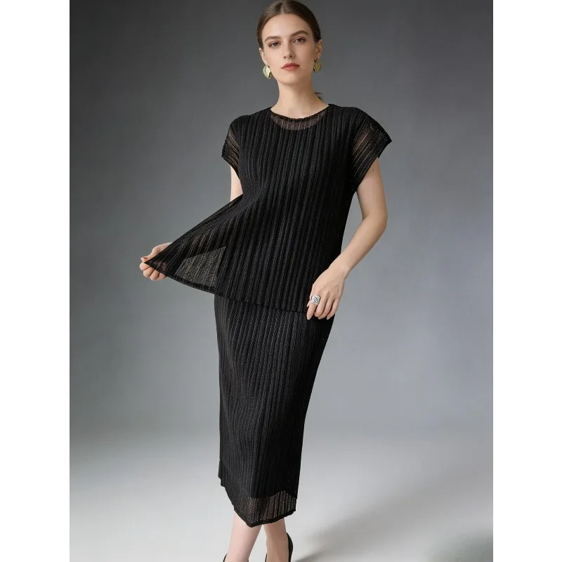 

Miyake Pleated Skirt Set High-End 2026 Summer Pleats Mesh Fake 2-Piece Double-Layer Skirt Women High Waist Slimm Versatile