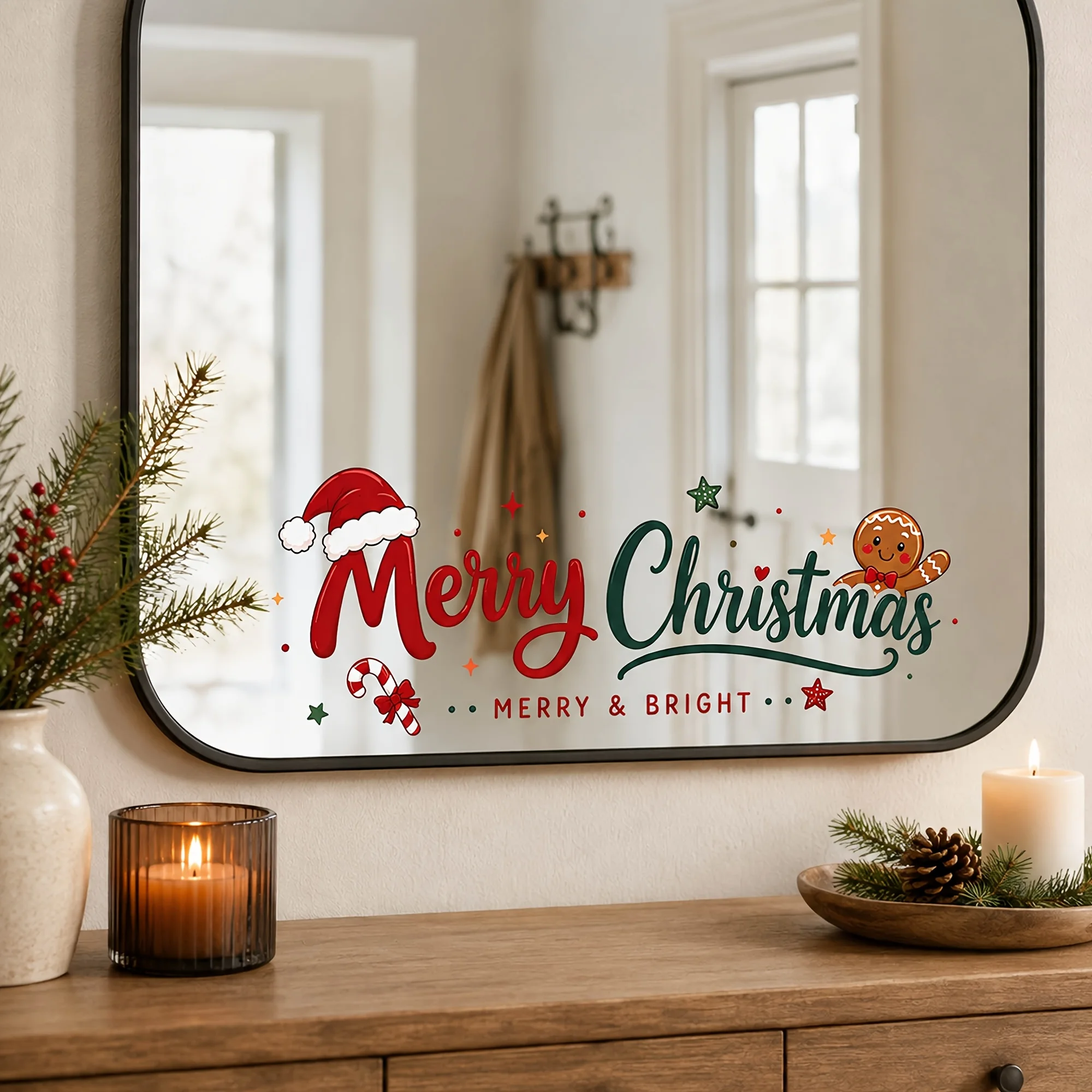 Merry Christmas Mirror Decal, Santa Hat Gingerbread Candy Cane Star,Self-Adhesive Vinyl Sticker for Home Glass Holiday Decor