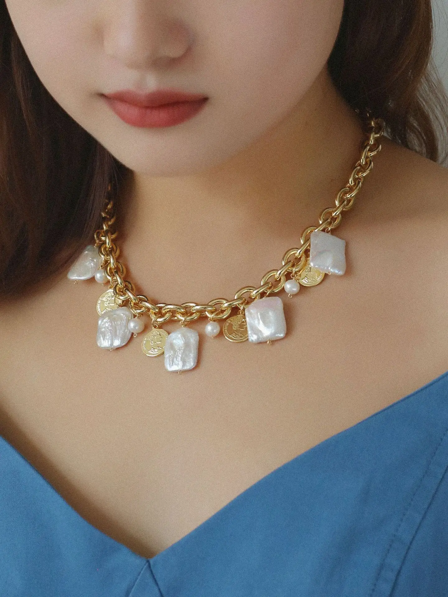 

Vintage Real Natural Frewater Baroque Pearl Coins Necklace For Women Jewelry Trendy Boho INS