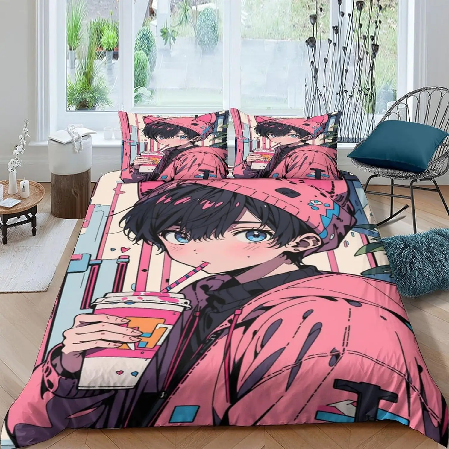 Anime Boys Bedding Set 3D Printed Microfiber Duvet Cover Set 3pcs Soft Cartoon Quilt Comforter Cover Twin Double Queen King