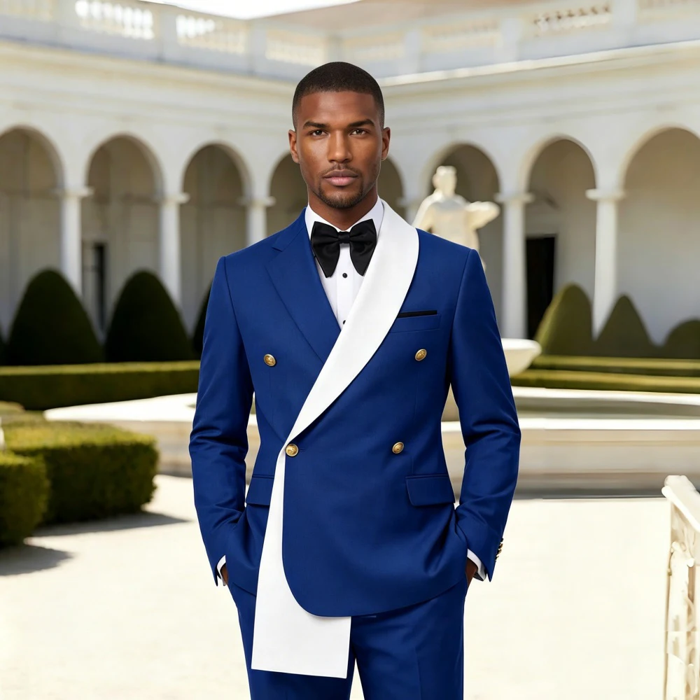 Double Breasted Wedding Suits 2 Pieces Asymmetric Neck Slim Fit Blazer Set for Groom Guest Party Prom Banquet (Jacket + Pants)