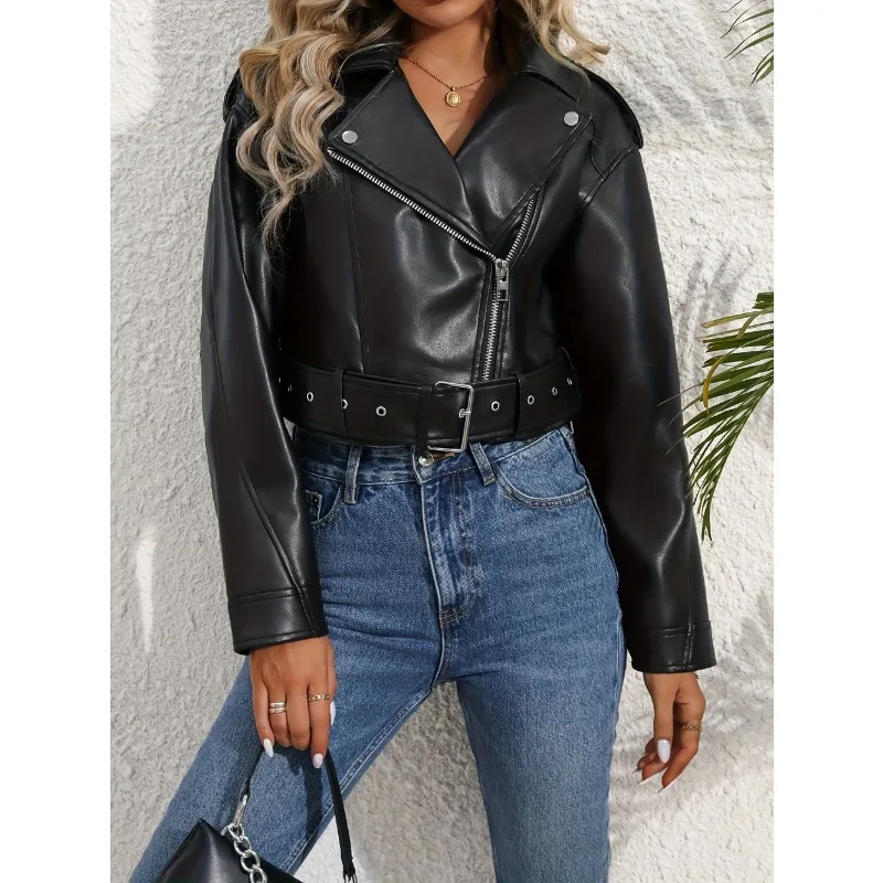 Outono inverno topo feminino jaqueta de couro do plutônio casual senhora lapela zíper na moda roupas da motocicleta leve casaco clássico (sem bolso)