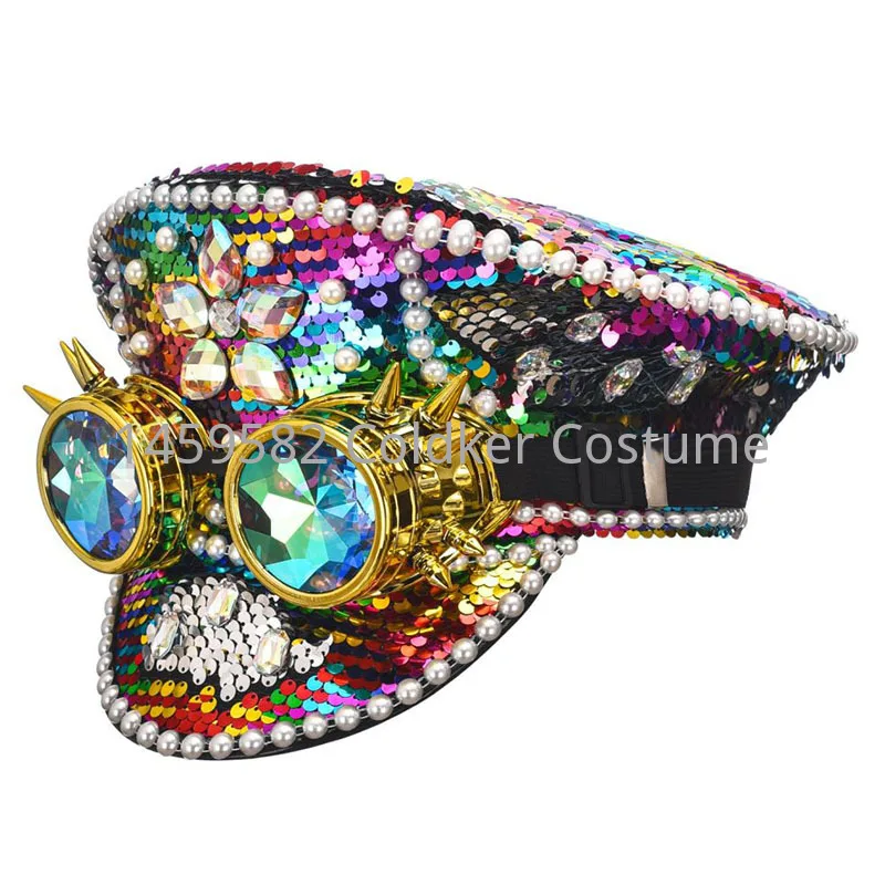 Sombrero militar de lujo con diamantes de imitación para hombre y mujer, sombrero multicolores con lentejuelas y perlas para fiesta Rave, Festival, Capitán, Cosplay