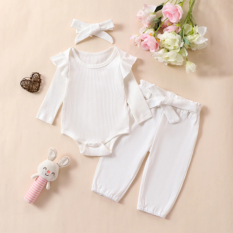 Baby 3Pcs Fall Outfits Long Sleeve Romper + Belted Pants + Headband Set Infant Clothes