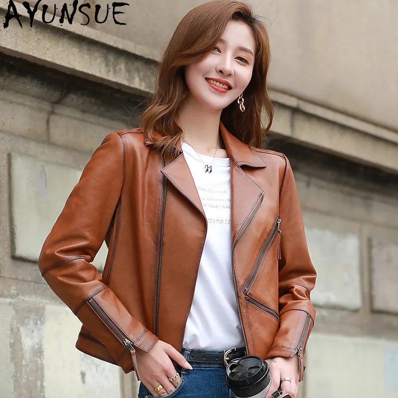سترة من الجلد الحقيقي للنساء من AYUNSUE 2025 معاطف للدراجات النارية من جلد الغنم الأسود جديدة في ملابس خارجية ملابس ربيع الخريف كوسوهها Жenška
