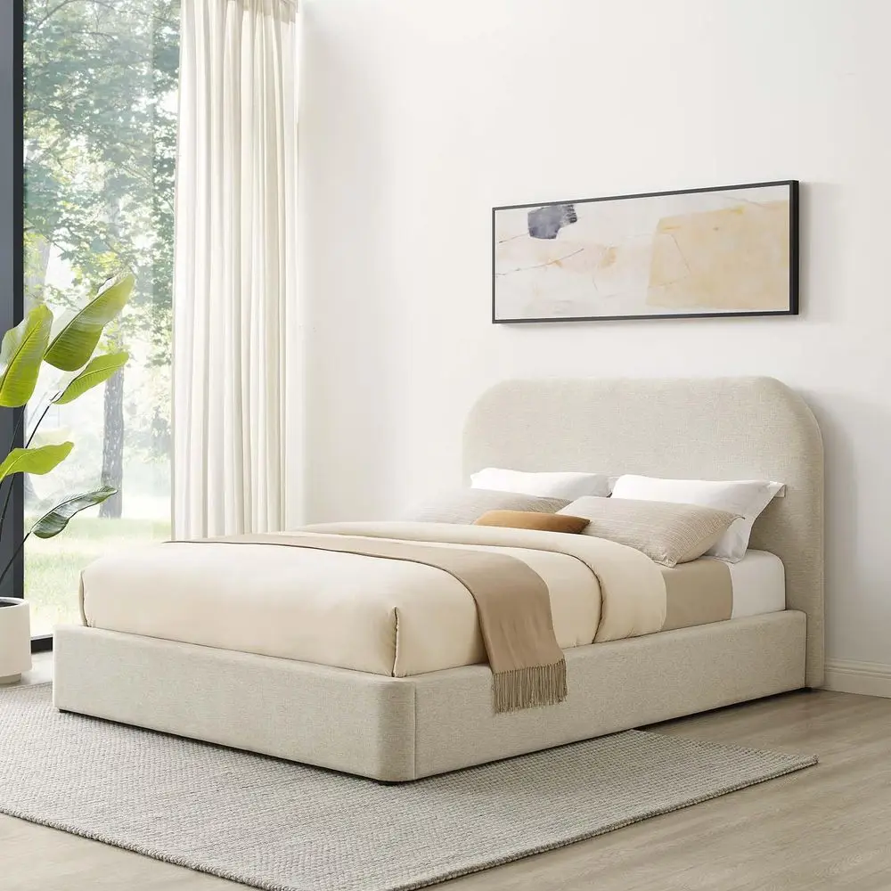 

Keynote Modern King Size Bed Frame with Curve Shaped Headboard in Heathered Weave Ivory, Woven Heathered Fabric Upholstery, Kin