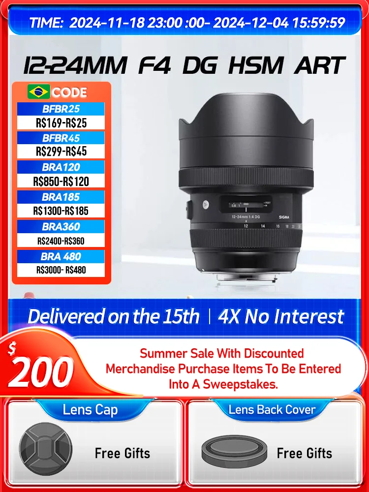 Sigma 12-24mm F4 DG HSM Art 12-24mm F4.5-5.6 II Full Frame Wide Angle Zoom Digital SLR Camera Lens for Canon Nikon 12 24 4（Used）