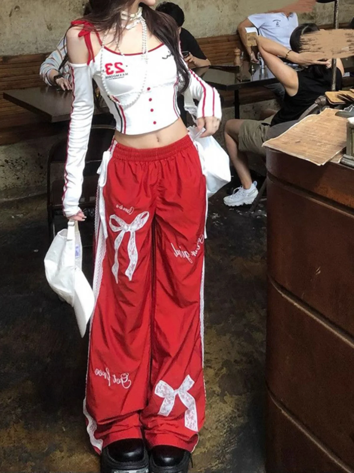 

Ele Lazy Sle Women's Casual Pants with Knot Lace Wide Leg Straight Cut High Waist Faion Loose Fit Long Trou...