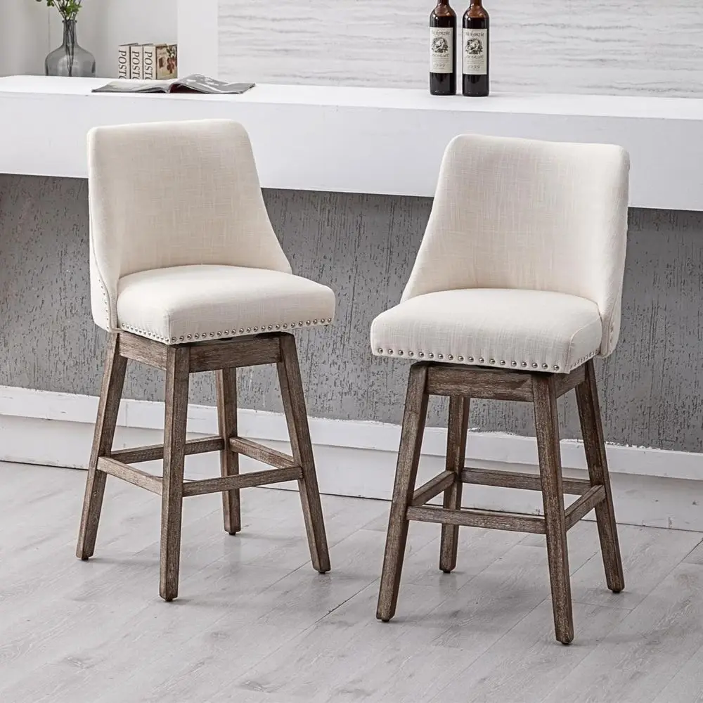 

Linen Fabric Swivel Counter Height Bar Stools Set of 2 with Back and Wood Legs, Cream