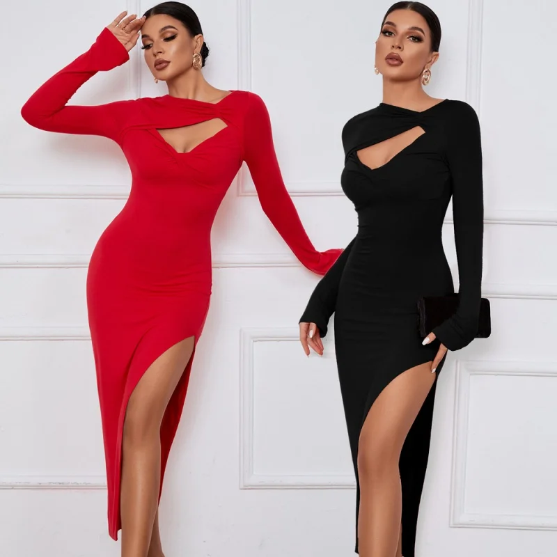 

2023 New Fashion Spring Autumn Women's Sexy Long Dress Slim Sheath Tight Skirt Slit Long Sleeve Dresses