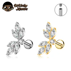 ASTM F136 Titanium 16G 18G EAR Leaf Shape with CZ Top Cartilage Tragus Earrings Ear Lip Helix Studs Tongue Nail Piercing Jewelry