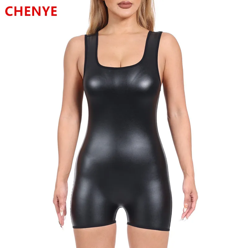 Leather Shorts Bodysuits Women's One Piece Outfits Sexy Shapers Sleeveless Tank Top Jumpsuits Rompers Playsuits Party Club Night