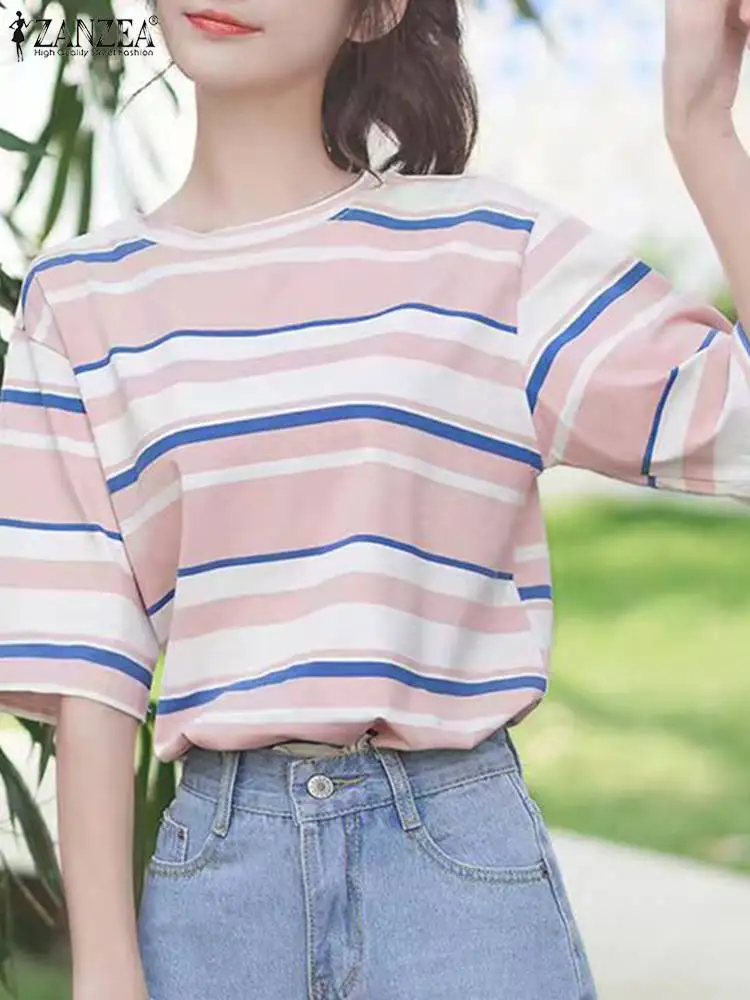 ZANZEA 2024 Fashion Round Neck Blouse Harajuku Women Loose T-shirt Korean Stripes Baggy Tops Daily Casual Summer Tunic Oversized