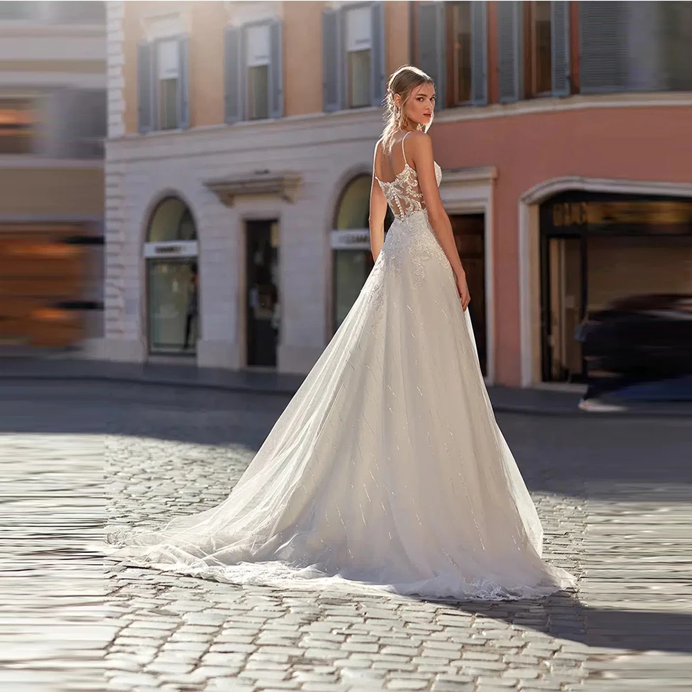 تخصيص جديد الحديثة الخامس الرقبة ألف خط فساتين الزفاف الفاخرة بلا أكمام عارية الذراعين مطرز يزين ذيل محكمة فستان زفاف 2025 #2