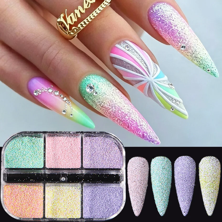 6er-Set Macaron Zucker-Nagelpuder: Dopamin-Helle, matte, gefrostete Textur, Pigmentstaub, Regenbogen-Glänzender Zucker-Effekt, Glitzer-Dekor