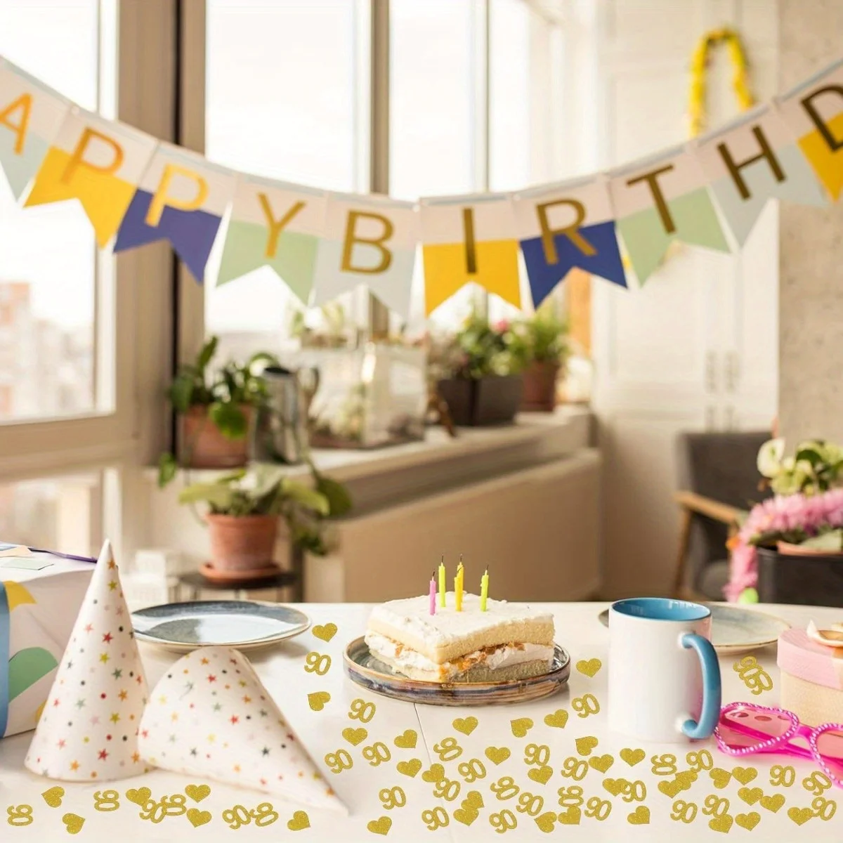 100 Stück Gold-Glitzer-Konfetti mit Zahlen 90, Papierdekorationen zum 90. Jahrestag, Prost auf 90 Jahre, Party-Tischdekoration – Detail 5