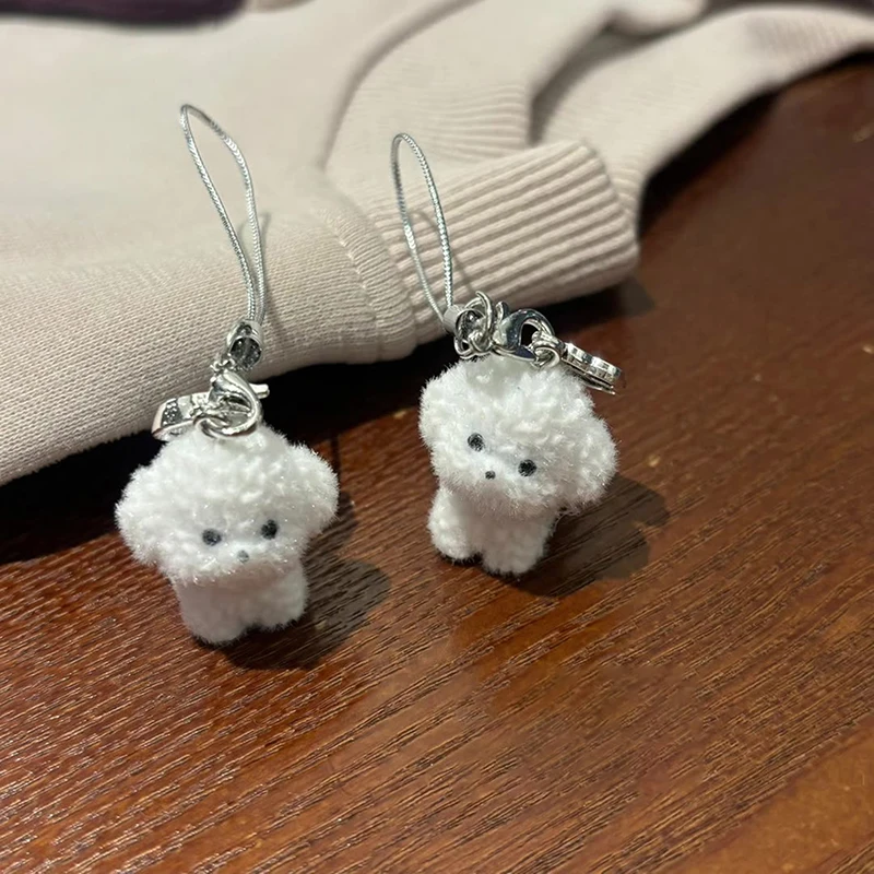 Flocked Resin Dog Puppy Keychain 3D Little Plush Animal Pendant Backpack Car Keyrings Charms Hangs