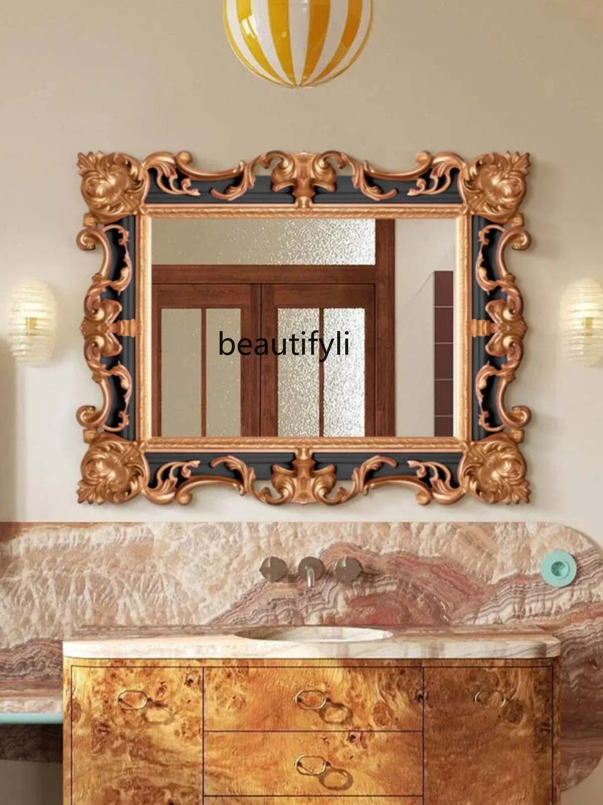 A44 Retro engraving, European washstand mirror with lamp defogging wall hanging bathroom mirror American bathroom mirror