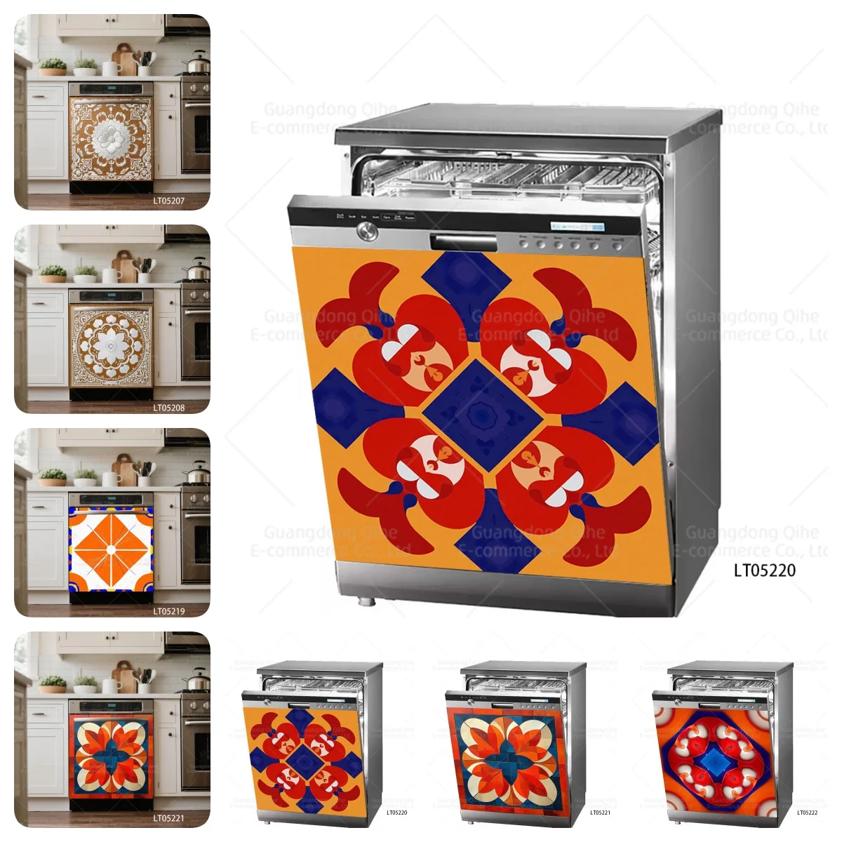Retro Geometric Floral Dishwasher Sticker Self-Adhesive Waterproof Kitchen Appliance Cabinets Full Door Covered Wallpaper Crafts