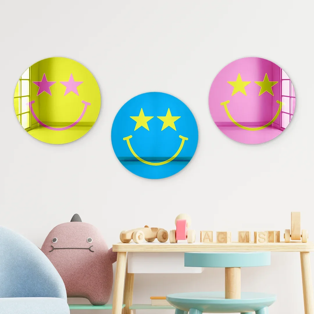 Happy Face With Lightning Bolt Eyes 3D Mirror Wall Art Playful Facial Wall Hanging for Bedroom Living Room Decor Salon Decor