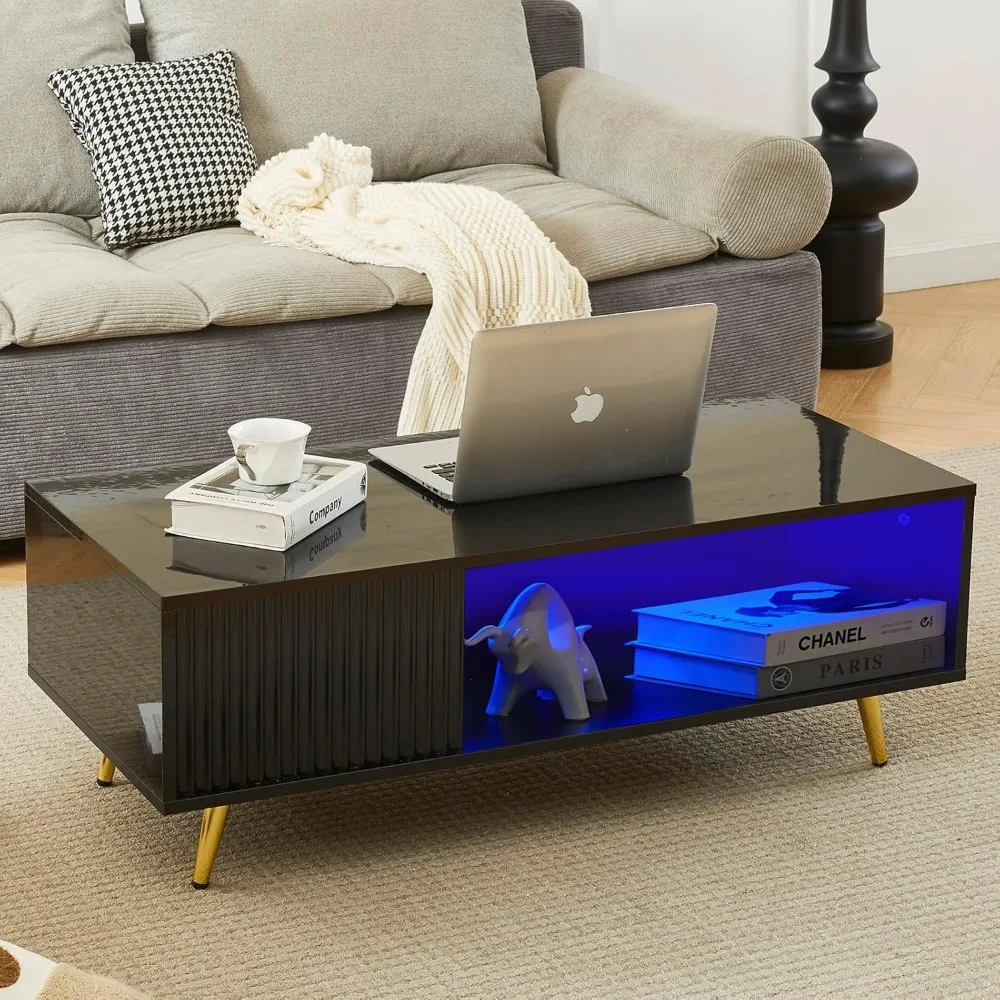 

41.3IN LED Black Coffee Tables for Living Room with 16 Colors LED Lights, Modern Minimalist Coffee Table